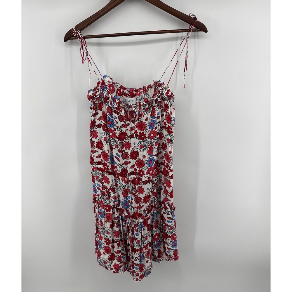 S/W/F  Red Blue Daisy Floral Rayon Mini Dress Ruffle Tie Shoulder Small